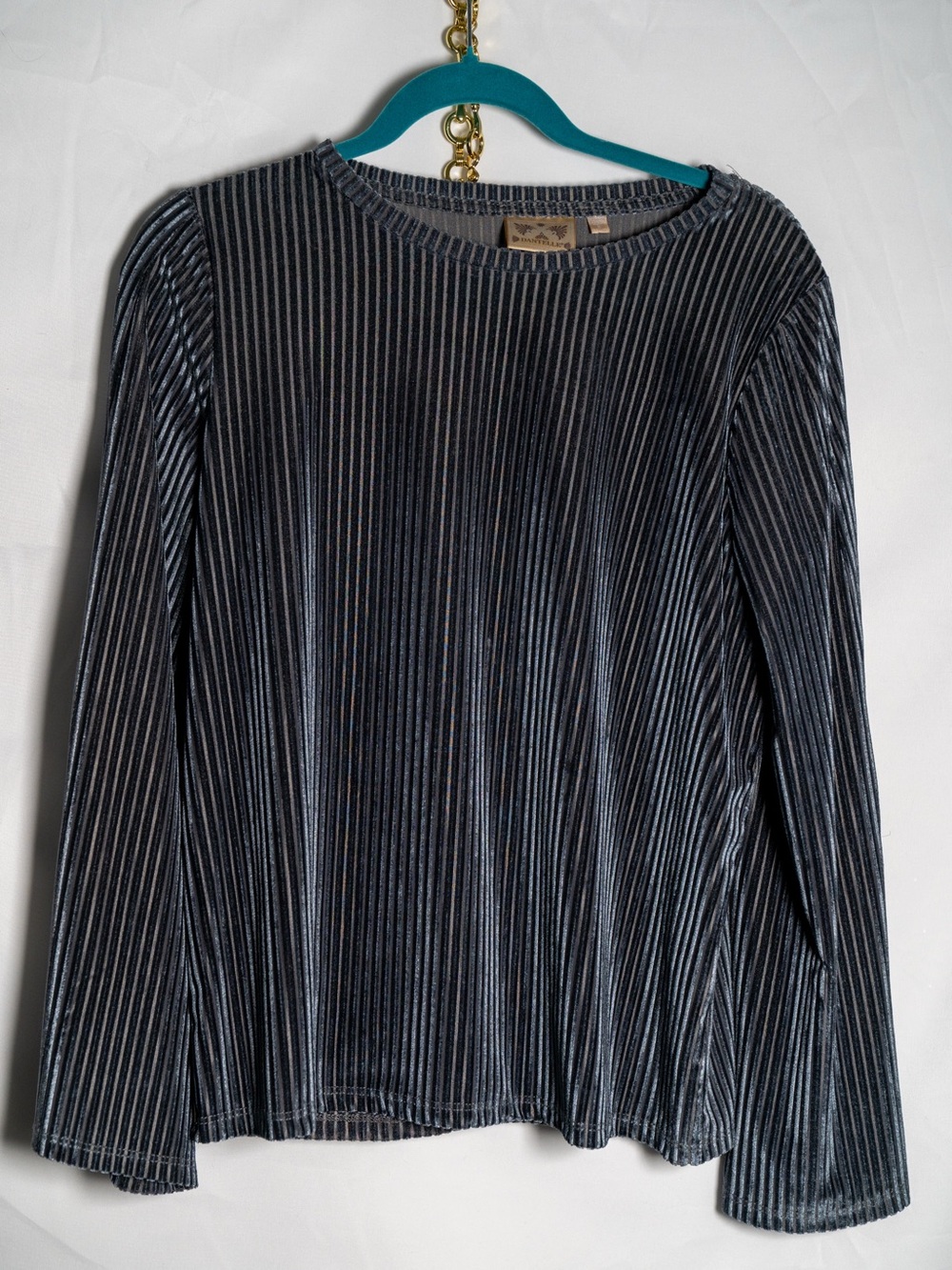 Dantelle Women's Long Sleeve Pleated Velvet Top in Charcoal and Silver